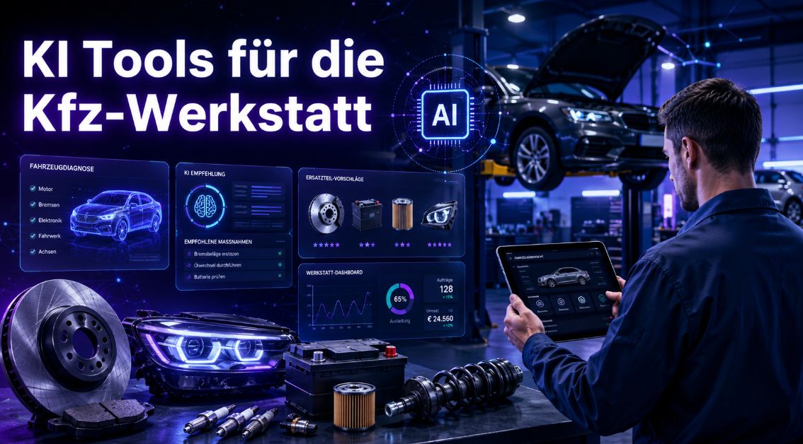 Kfz-Mechaniker bedient Tablet in Werkstatt